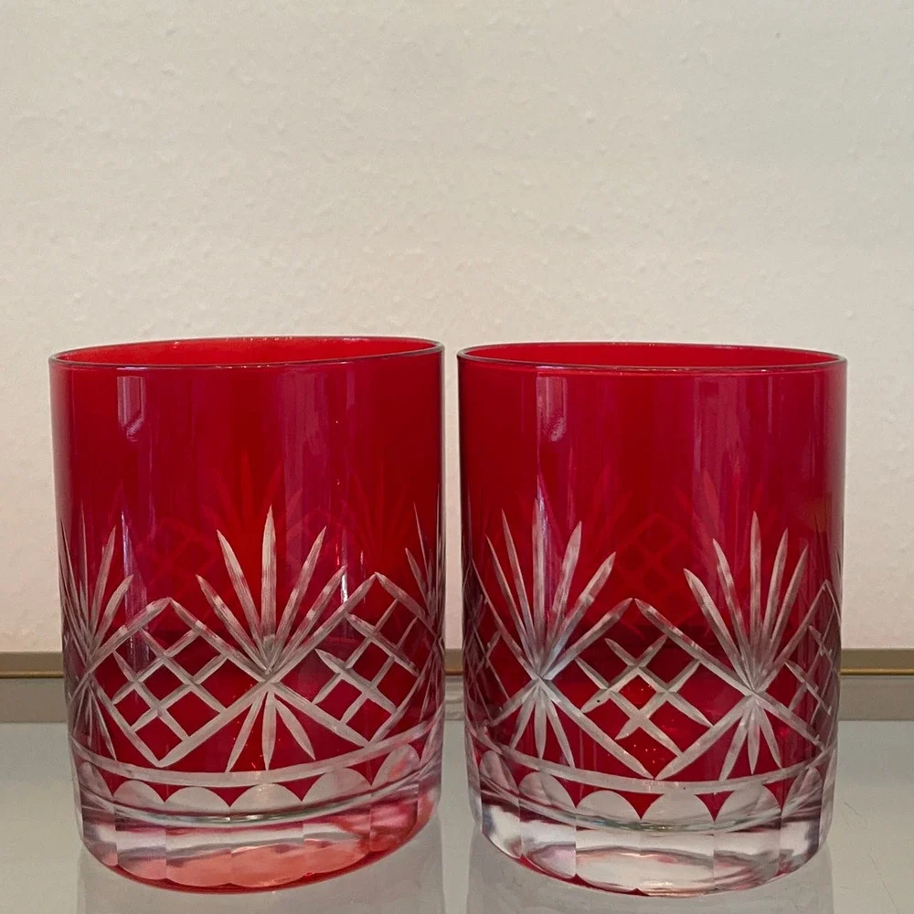 Set of 4 RED Double Old Fashioned Glasses Luxe Christmas Holiday Barware NEW